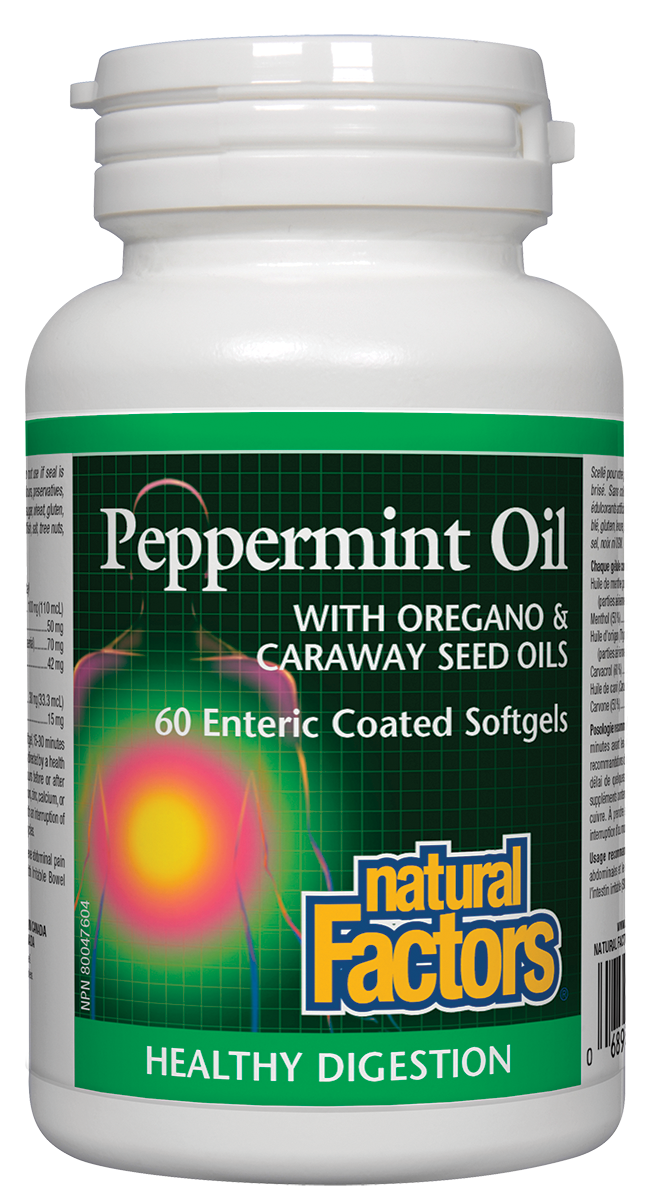 Natural Factors Peppermint Oil With Oregano & Caraway Seed Oils 60 Enteric Coated Softgels