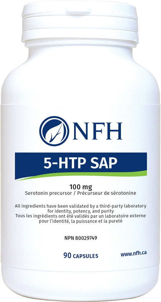 NFH 5‑HTP SAP 100 mg 90 capsules  Description   Depression and insomnia are two of the most prevalent concerns for which patients will seek medical treatment. 5‑Hydroxytryptophan (5‑HTP) is derived from the seed of Griffonia simplicifolia and is a precursor needed for the synthesis of the neurotransmitter serotonin as well as for the neurohormone melatonin. Serotonin is synthesized in the intestinal tract by the enteric cells as well as in the central nervous system.