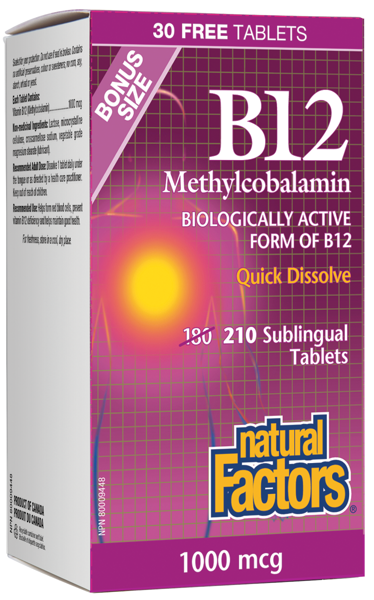 Natural Factors Methylcobalamin B12 1000mcg 210 Sublingual Tablets Bonus Quick Disolve