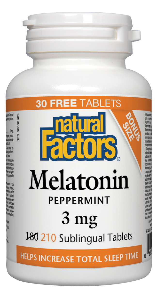 Natural Factors Melatonin 3mg Peppermint 210 Sublingual Tablets Bonus