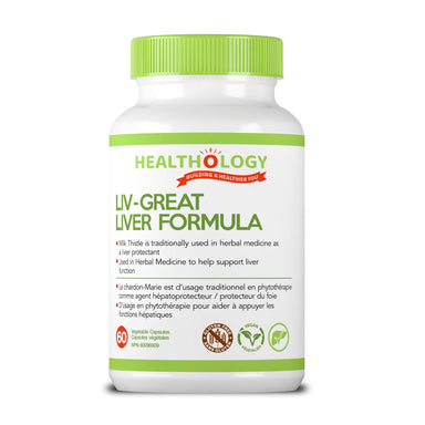 Healthology Liv-Great Liver Formula 60 Vegetarian Capsules  Buy Canada, Buy Local, Buy Independent.  Description  The liver is our most important detoxifying organ. It is masterful at identifying toxins and neutralizing them so that they can be safely excreted from the body. Toxins include chemicals, food additives, alcohol, caffeine and medications. The liver is also responsible for detoxing our hormones and end-products of metabolism.