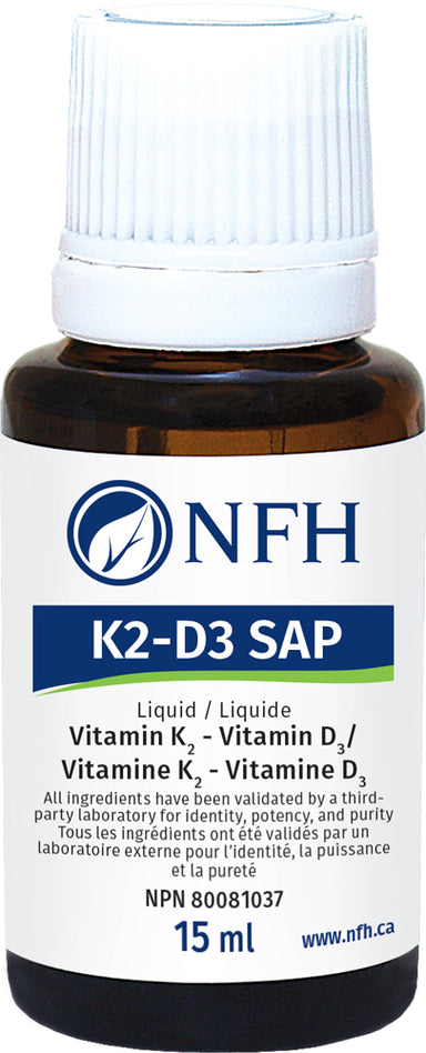 SCIENCE-BASED VITAMIN K2-D3 COMBINATION FOR OPTIMAL HEALTH  NFH K2‑D3 SAP 15 ml  Description  Vitamin K is involved in blood coagulation, bone metabolism and assists in reducing urinary calcium excretion. Vitamin K is a cofactor in several biochemical pathways, especially, the γ-carboxylation of glutamyl residues in the bone protein osteocalcin, matrix γ-carboxyglutamyl protein, and protein S.