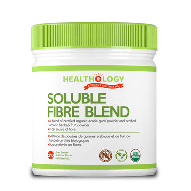 Healthology Soluble Fibre Blend 210g Powder  Buy Canada, Buy Local, Buy Independent.  Description  Fibre is the part of plant material that our bodies can’t break down and use as a fuel source, but it plays a very important role in our digestive pathway and is crucial to our overall health. There are two types of fibre: soluble and insoluble.