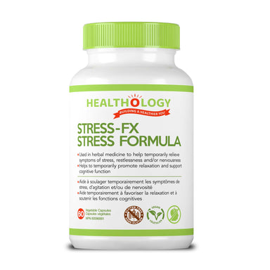 Buy Canada, Buy Local, Buy Independent.  Healthology Stress-FX Stress Formula 60 Vegetarian Capsules  STRESS-FX is formulated to lower cortisol levels and promote a state of calmness and relaxation.  Description  When we feel stress, the body responds as though we are being chased by a lion. It jumps into a ‘fight-or-flight’ state and releases a cocktail of hormones from the adrenal glands, including cortisol and adrenaline. 