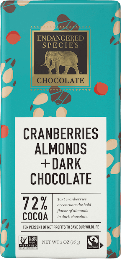 Endangered Species Cranberries, Almonds + 72% Dark Chocolate Bar 85g