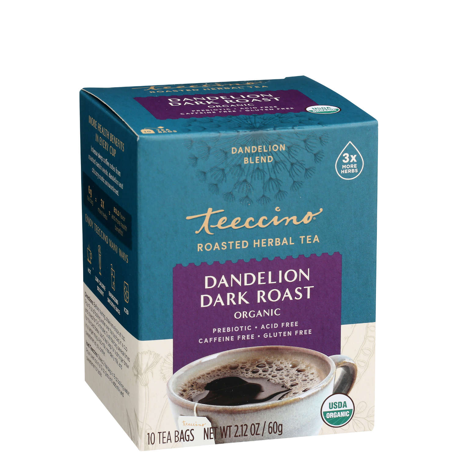 Teeccino Dandelion Dark Roast Caffeine Free Herbal Coffee 10 Bags