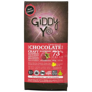 Giddy Yo Organic Raspberry 73% Dark Chocolate Bar 62g