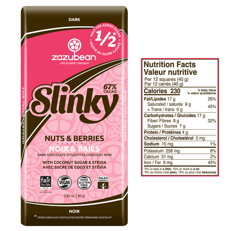 Zazubean Slinky Nuts & Berries Half Sugar Chocolate Bar 80g