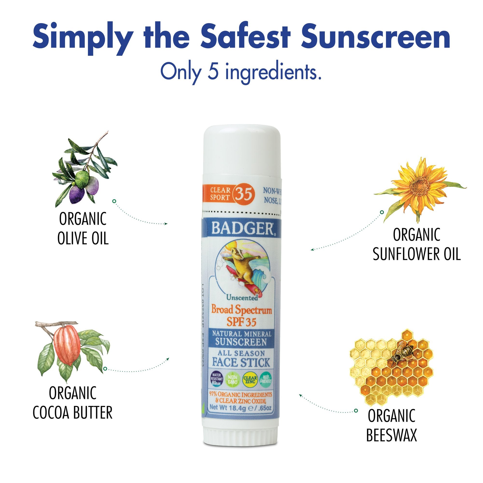 Badger Sunscreen Face Stick SPF 35 18.4g Tube