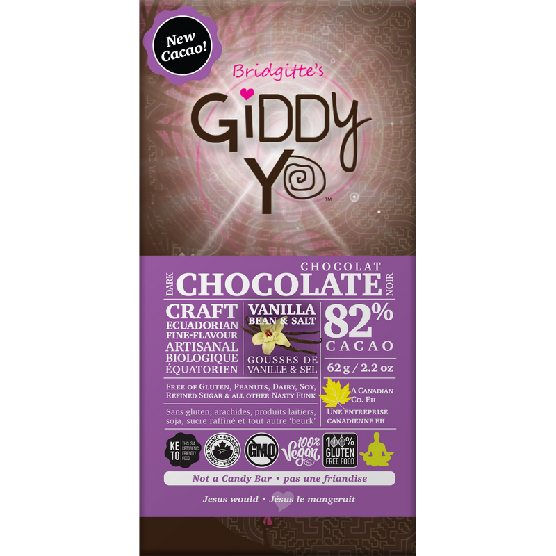 Giddy Yo Organic Vanilla Bean & Sea Salt 82% Dark Chocolate Bar 62g